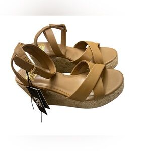 Tan Leather Wedge Sandals with Ankle Strap